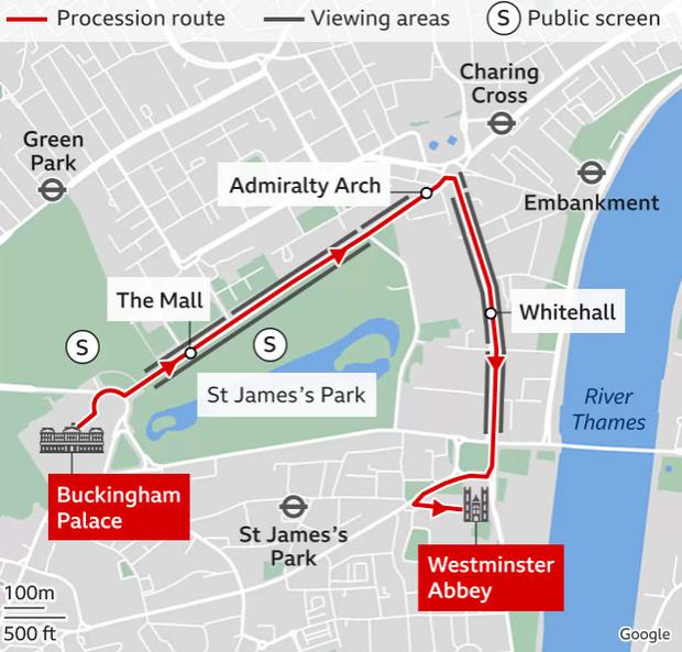 La procesión partirá del Palacio de Buckingham desde las 10:20 horas de Londres. Aquí, todos el recorrido. (Foto: Google Maps)