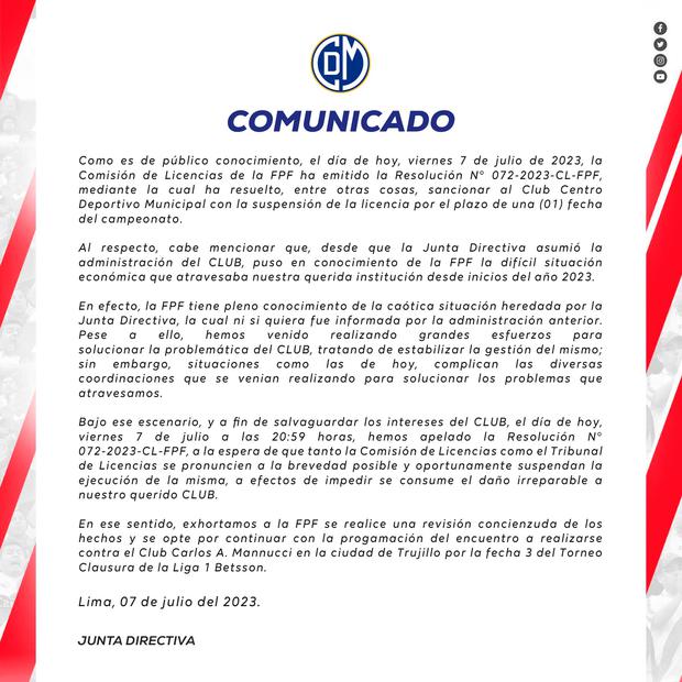 Deportivo Municipal defendió su postura ante la CL-FPF. (Foto: Municipal)