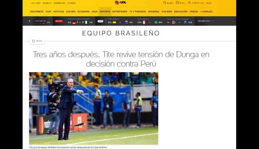Así informa la prensa de Brasil sobre el duelo que sostendrá ante Perú por la Copa América. (Captura)