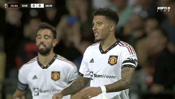 Jadon Sancho anotó el 1-0 de Manchester United vs. Sheriff por la Europa League. (Captura: ESPN)