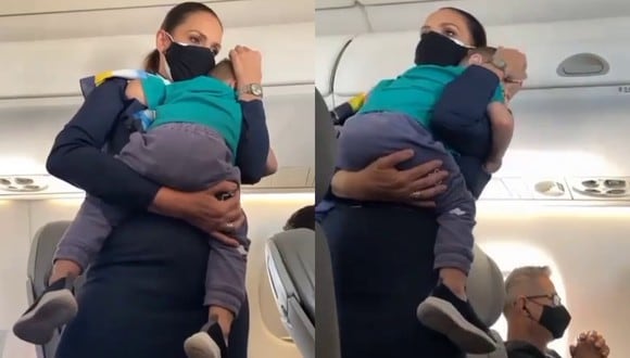 Una auxiliar de vuelo carga en sus brazos a un bebé que no podía dejar de llorar durante un vuelo entre dos ciudades de Brasil. | Crédito: @raphaelaquilles / Instagram