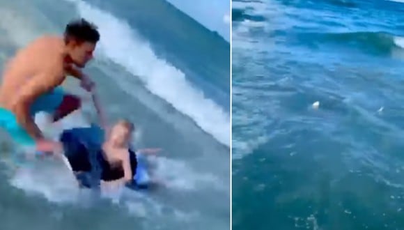 El policía hizo un rápido movimiento para evitar que el niño sea atacado por un tiburón. | Crédito: Cocoa Beach Police & Fire en Facebook.