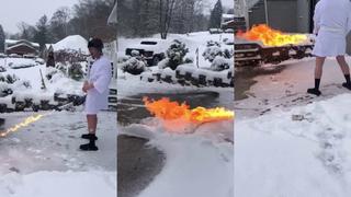 ¡Fuego, fuego, chuchi, llama a los bomberos! Se deshace de la nieve en la entrada de su casa con un lanzallamas
