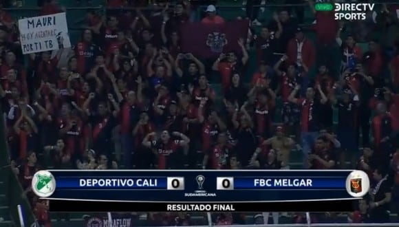 Los hinchas de Melgar que se hicieron presente en el Estadio de Palmaseca para el Melgar vs. Deportivo Cali por Copa Sudamericana. (Foto: Captura DIRECTV)