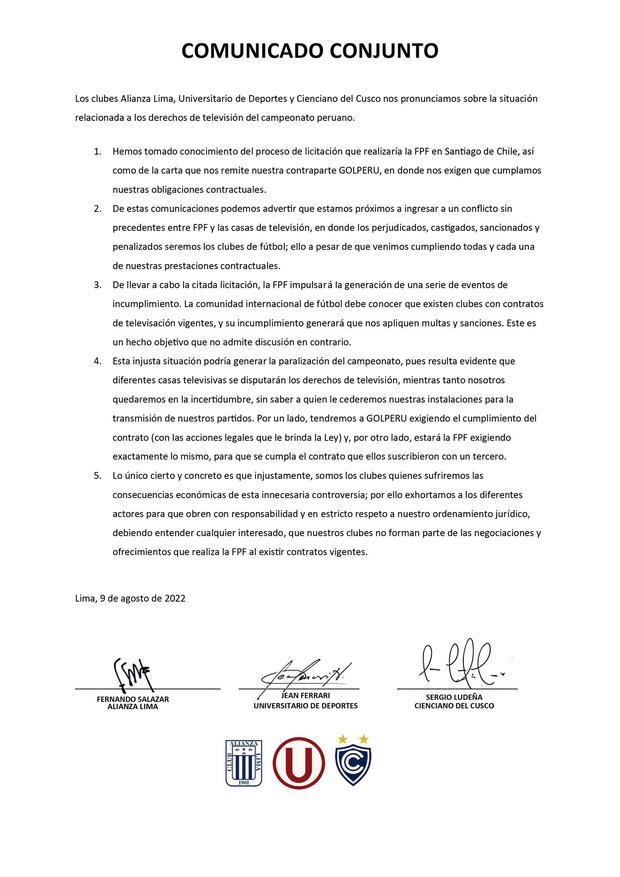 Alianza Lima, Universitario de Deportes y Cienciano sobre la licitación de los derechos de transmisión.