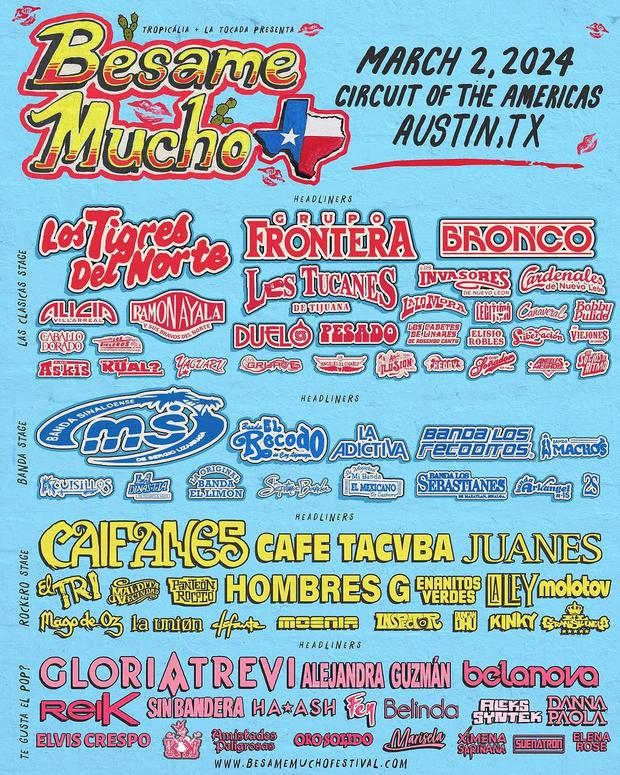 Este es el cartel en el que se anuncian todas las bandas que estarán en "Bésame mucho" (Foto: Festival Bésame mucho / Instagram)