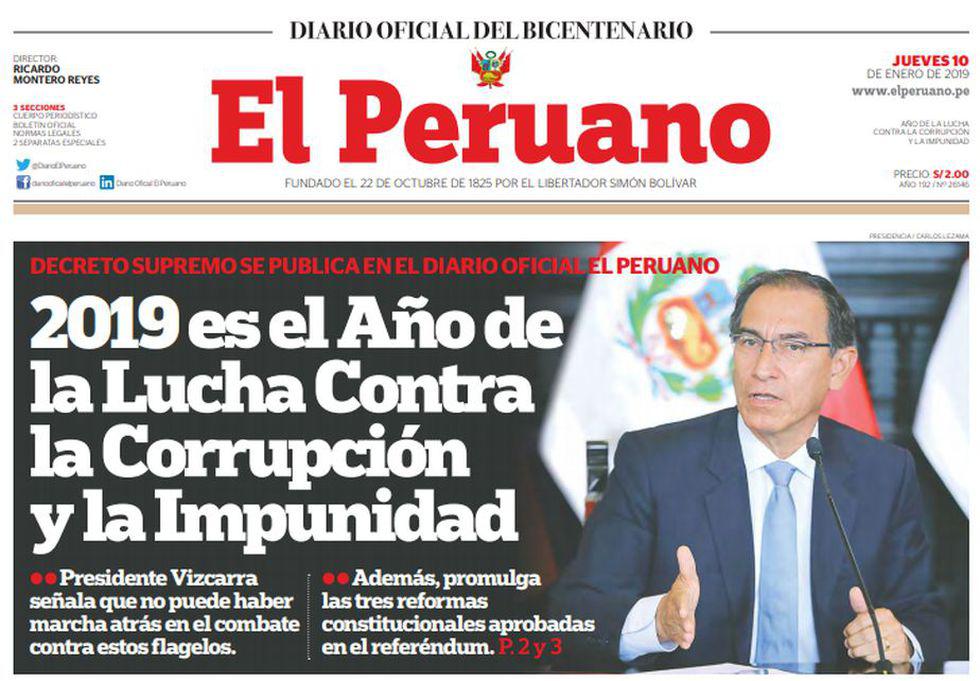 Portada del Diario Oficial El Peruano dedicada al nuncio del nombre del año 2019. (Foto: El Peruano)