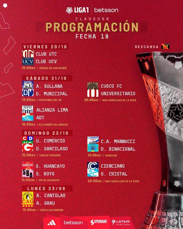 Programación de la fecha 18 del Torneo Clausura 2023. (Imagen: Liga 1)
