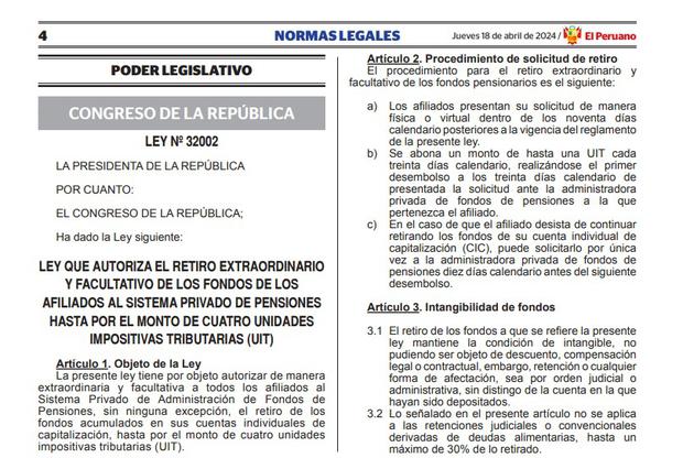 Gobierno de Dina Boluarte promulgó la ley que autoriza el retiro de las Administradoras de Fondos de Pensiones (AFP) hasta por 4 UIT (Foto: El Peruano).