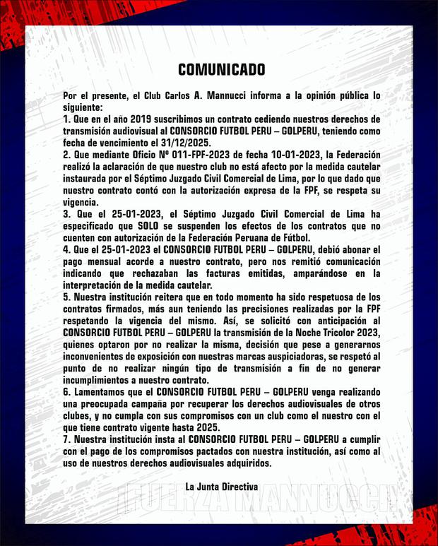 El comunicado de Carlos A. Mannucci sobre incumplimiento de pagos de Golperu.