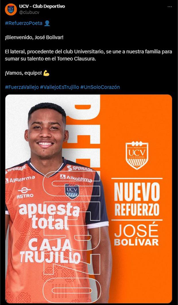 José Bolívar nuevo jugador de Cesar Vallejo. (Foto: @clubucv).