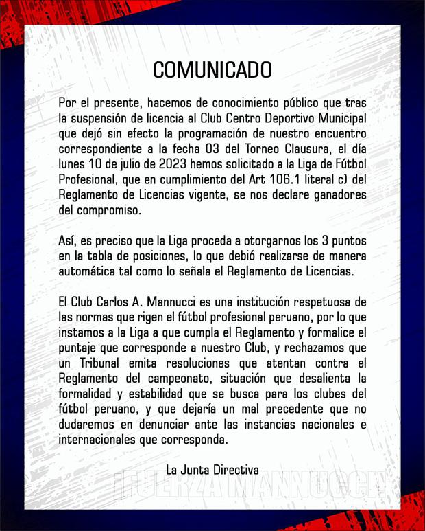 El comunicado de Carlos A. Mannucci. (Foto: Prensa Carlos A. Mannucci)