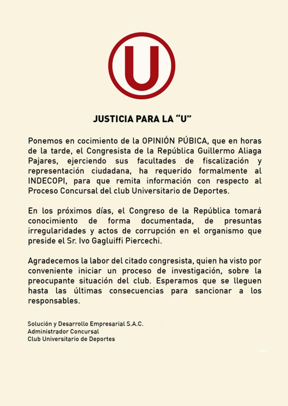 Universitario presentó documentación a Indecopi.