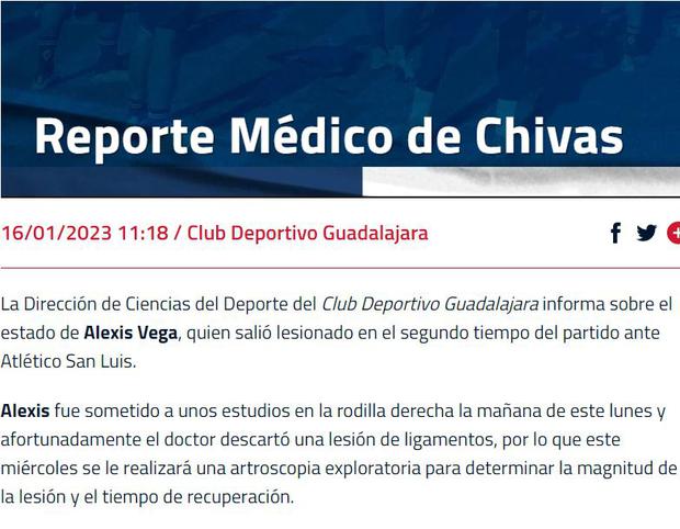 Chivas publicó el reporte médico sobre el estado de salud de Alexis Vega (Foto: Captura de pantalla)