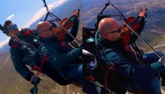 Un video viral tiene como protagonistas a un violinista que tocó su instrumento musical a cientos de metros de altura mientras volaba en parapente. | Crédito: Caters Clips / YouTube