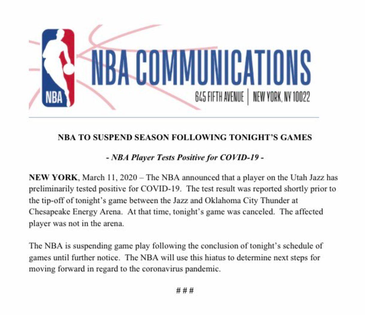 Comunicado de la NBA en la que anuncia la suspensión de la temporada por el coronavirus. (NBA)