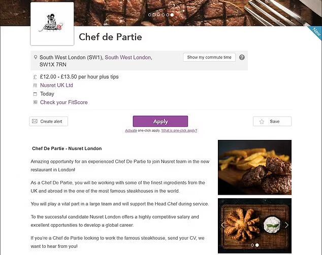 Esta es la oferta laboral para trabajar como chef en el restaurante de Londres de Salt Bae. (Foto: Caterer.com)