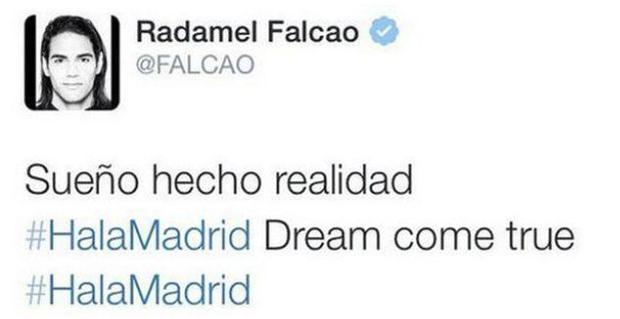 Este fue el tuit que publicó Radamel Falcao, anunciando así su fichaje por el Real Madrid (Foto: @FALCAO).