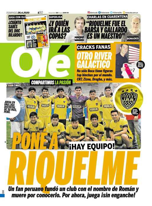 La portada el diario argentino Olé con la historia del Club Deportivo Social y Cultural Juan Román Riquelme. (Foto: Olé)