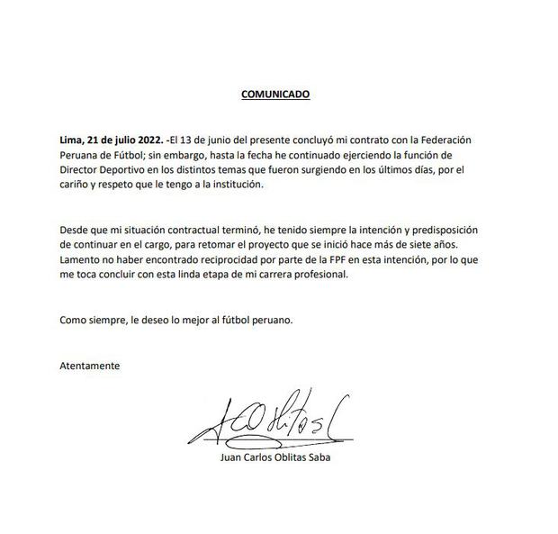 Juan Carlos Oblitas anunció que no sigue en la FPF. (Foto: Twitter)