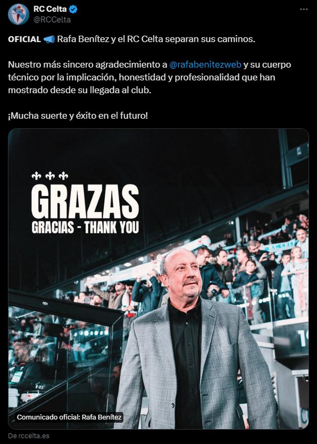 Celta de Vigo anunció la salida de Rafa Benítez. (Foto: Twitter)