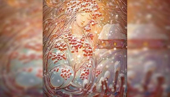 En la ilustración del test viral se aprecia una escena de invierno: una casa bajo nieve, frutos rojos y también la figura de una mujer.| Foto: chedonna