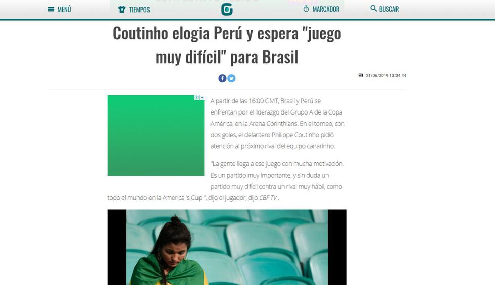 Así informa la prensa de Brasil antes del duelo ante Perú por la Copa América. (Foto: Captura)