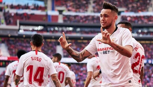 Lucas Ocampos celebra un gol con el Sevilla ante el Atlético de Madrid en el Wanda Metropolitano. (Getty Images)