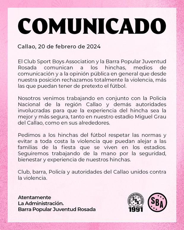 Sport Boys y su comunicado, tras los actos de violencia entre barristas de Universitario y Alianza Lima. (Foto: Twitter)
