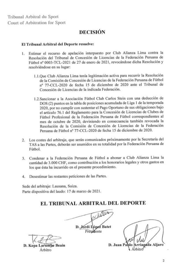 El TAS falló a favor de Alianza Lima en marzo del 2021.