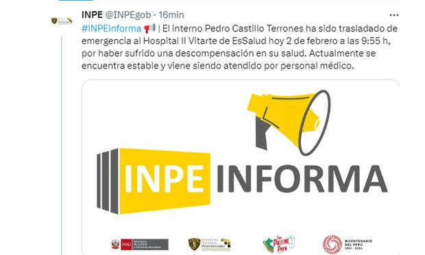 INPE informa la situación de Pedro Castillo. (Foto: Twitter/Inpe)