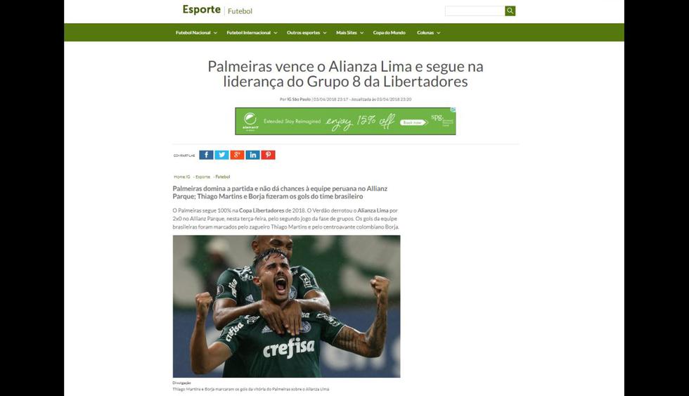 Alianza Lima perdió 2-0 ante Palmeiras por Copa Libertadores.(Captura)