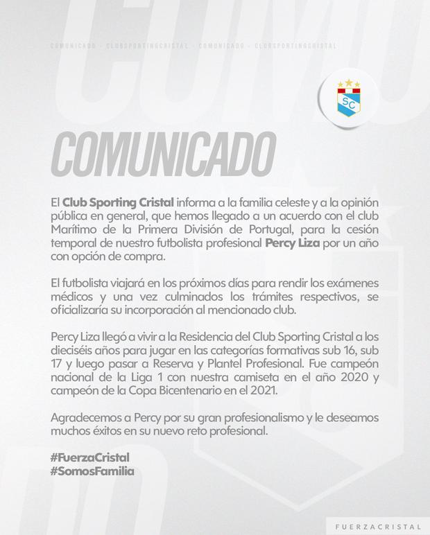 Comunicado de Sporting Cristal tras la cesión de Percy Liza al Marítimo. (Imagen: Sporting Cristal)