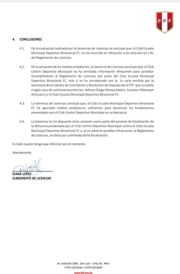 La resolución de la Comisión de Licencias de la FPF. (Foto: FPF)