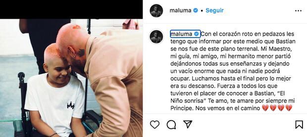 Publicación de Maluma donde habla sobre la muerte de Bastian Matías (Foto: Maluma / Instagram)