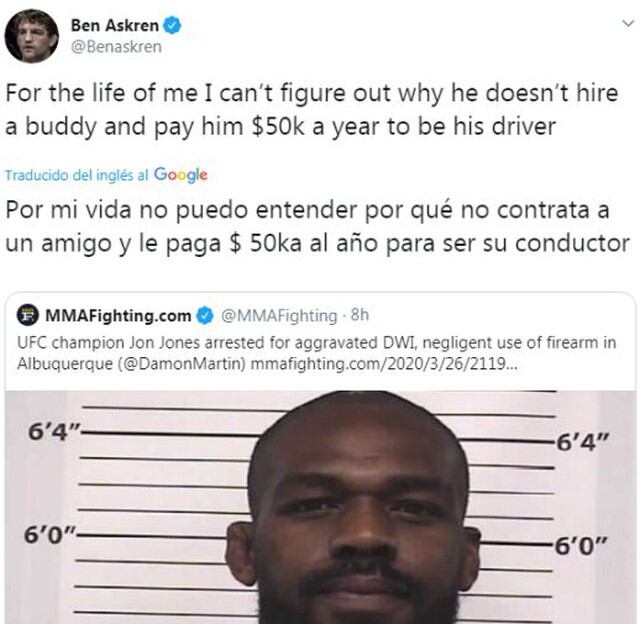 La reacción de los peleadores de UFC ante el nuevo arresto de Jon Jones. (Twitter)
