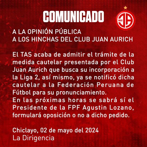 El comunicado de Juan Aurich.