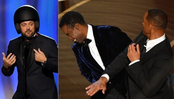 Comediante subió al escenario con casco y revivió la polémica entre Will Smith y Chris Rock. (Foto: AFP)