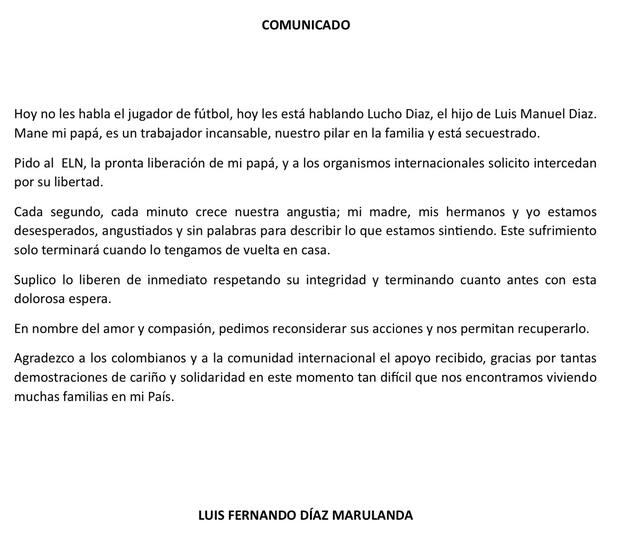 Comunicado de Luis Díaz sobre el secuestro de su padre. (Foto: Twitter)