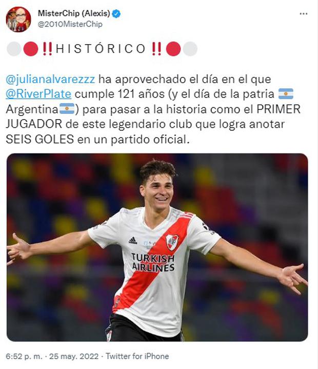 Así informa Mr. Chip sobre el nuevo récord de Julián Álvarez con River Plate.  (Foto: Twitter)