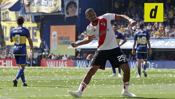 River Plate's Venezuelan forward Salomon Rondon celebrates after scoring against Boca Juniors during the Argentine Professional Football League Tournament 2023 Superclasico match at La Bombonera stadium in Buenos Aires on October 1, 2023. The final score was 2-0 in favor of the Millonario team with a last minute goal by Enzo Diaz. | Photo by Alejandro Pagni / AFP