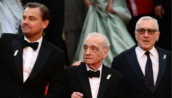 Leonardo Dicaprio, Martin Scorsese y Robert de Niro en uno de los momentos más especiales del Festival de Cannes 2023 (Foto: AFP)