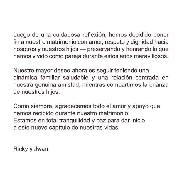 Comunicado conjunto de Ricky Martin y Jwan Yosef donde anunciaron su ruptura (Foto: Ricky Martin / Instagram)