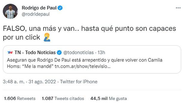 Rodrigo De Paul desmiente que quiera volver con su ex pareja y madre de sus hijos. (Foto: Captura de Twitter)