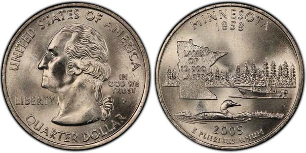 Moneda de 25 centavos de 2005 del estado de Minnesota con un error de doble dado (Foto: PCGS)