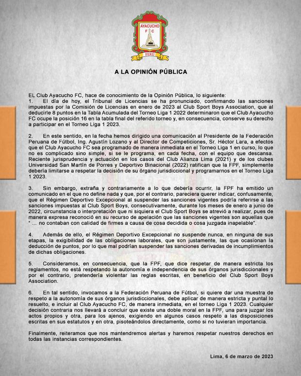Comunicado de Ayacucho FC, sobre la postura de la FPF en el caso de Sport Boys. (Foto: Twitter)