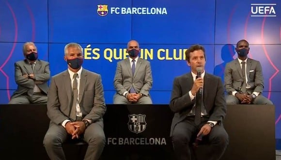 La imagen de los directivos del Barcelona en el sorteo de la Champions League. (Foto: UEFA TV)
