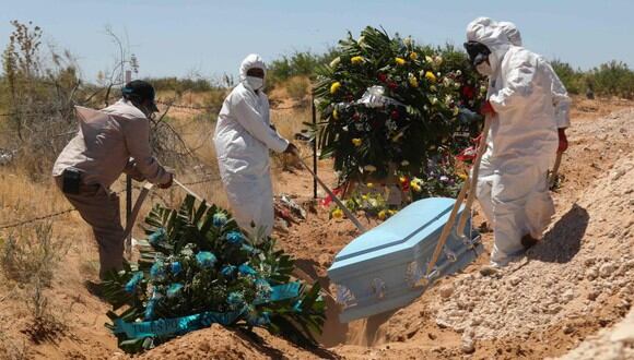 Cemetery workers bury the coffin with the remains of a suspected victim of COVID-19 in an area of the San Rafael municipal pantheon reserved for victims of the novel coronavirus, in Ciudad Juarez, Chihuahua State, Mexico, on May 21, 2020. / AFP / HERIKA MARTINEZ

