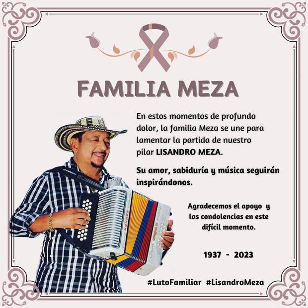 La familia de Lisandro Meza también comunicó su muerte y expresó que se encuentra de luto (Foto: Juan José Meza / Instagram)