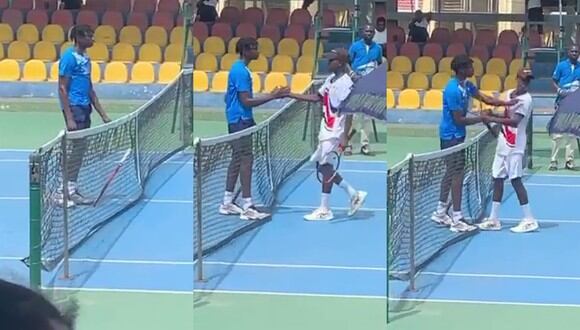 El francés Michael Koume le dio una bofetada al ghanés Raphael Nii Ankrah al momento de saludarlo tras el final del partido de tenis que disputaron. | Crédito: @Kwesi_Gibson / Twitter